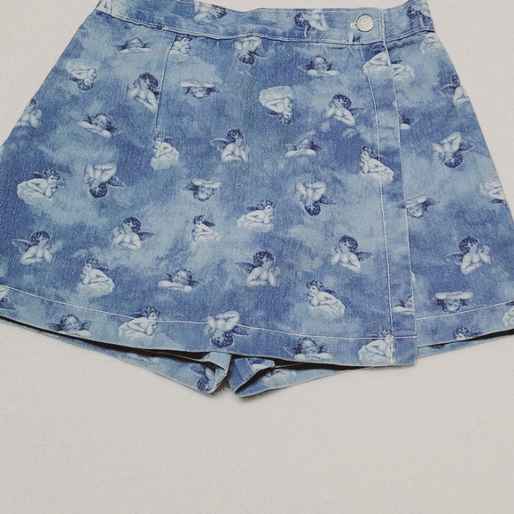 Rare Vintage 90s Niki-Lee Angelic Cherub Print High Waisted Denim Mini Skort S - Picture 4 of 11